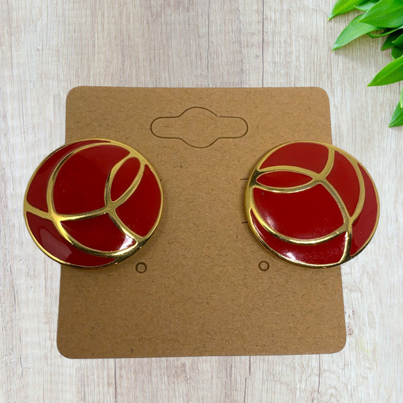 Vintage 1980's Monet Modernist Earrings Pierced Gold Tone Red Enamel New Wave - Picture 6 of 6